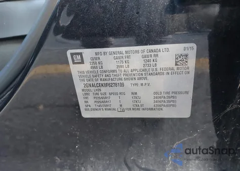 2015 Chevrolet Equinox 2Lt из США, поврежденный, VIN 2GNALCEK8F6278109